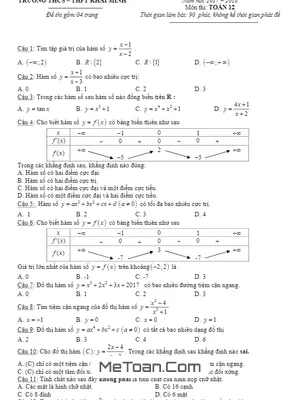 Đề KSCL Đầu Năm Toán 12 Năm Học 2017 - 2018 Trường THCS - THPT Khai Minh - TP. HCM