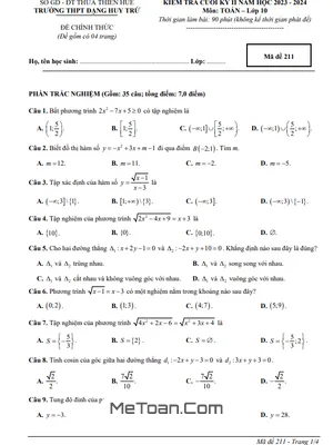 Đề thi học kỳ 2 Toán 10 năm 2023 - 2024 trường THPT Đặng Huy Trứ - TT Huế (có đáp án)