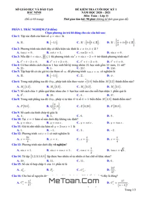 Đề thi học kì 1 Toán 11 năm 2020 - 2021 Sở GD&ĐT Bắc Ninh