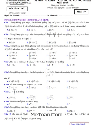 Đề kiểm tra cuối học kì 2 Toán 12 năm 2022 – 2023 sở GD&ĐT Bình Phước