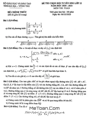 Đề thi HSG Toán 12 năm 2020 – 2021 sở GD&ĐT Bà Rịa – Vũng Tàu
