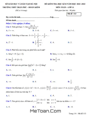 Đề thi cuối kì 2 Toán 11 năm 2022 - 2023 trường THPT Trần Phú - Hà Nội