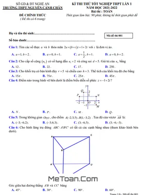Đề Thi Thử Toán TN THPT 2022 Lần 1 Trường Nguyễn Cảnh Chân - Nghệ An