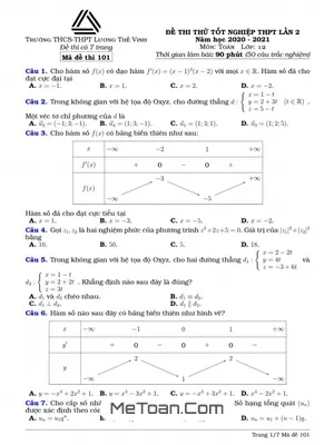 Đề thi thử Toán tốt nghiệp THPT 2021 lần 2 trường Lương Thế Vinh – Hà Nội - Mã đề 101