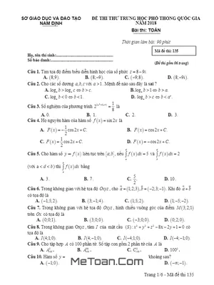 Đề thi thử Toán THPT Quốc gia 2018 sở GD&ĐT Nam Định lần 2 có đáp án
