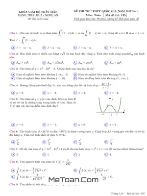 Tổng hợp Đề thi thử THPT Quốc gia 2017 môn Toán trường THPT Đặng Thúc Hứa – Nghệ An lần 1 có đáp án