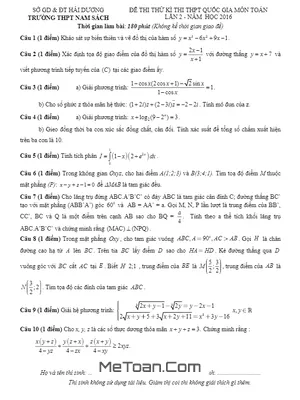 Đề thi thử Toán THPT Quốc Gia 2016 lần 2 trường Nam Sách - Hải Dương - Có đáp án