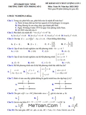 Đề khảo sát lần 1 Toán 10 năm 2022 – 2023 trường THPT Yên Phong 2 – Bắc Ninh