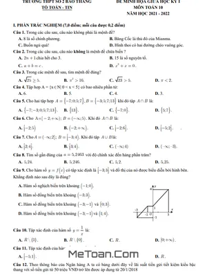 Đề Minh Họa Giữa Kỳ 1 Toán 10 Năm 2021 - 2022 Trường THPT Bảo Thắng 2 - Lào Cai