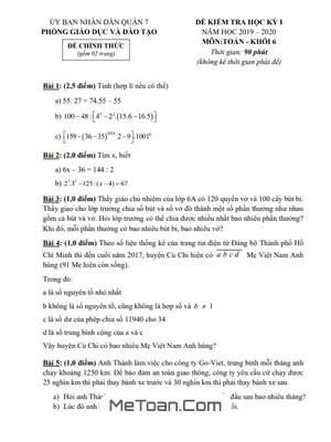 Đề thi học kỳ 1 Toán lớp 6 năm 2019 - 2020 phòng GD&ĐT Quận 7 - TP HCM