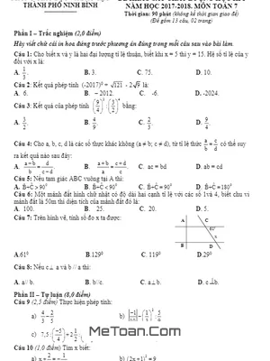 Đề thi HK1 Toán lớp 7 năm học 2017 - 2018 phòng GD&ĐT thành phố Ninh Bình