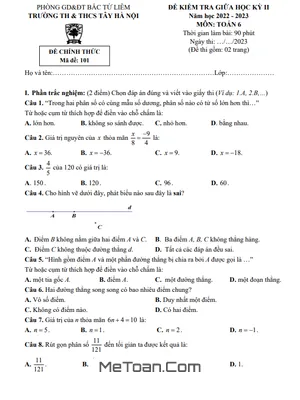 Đề thi giữa học kì 2 Toán 6 năm 2022 – 2023 trường TH & THCS Tây Hà Nội