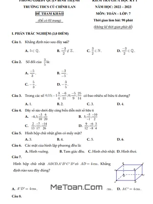 Đề Tham Khảo Giữa Kỳ 1 Toán 7 Năm 2022 - 2023 Trường THCS Cù Chính Lan - TP HCM