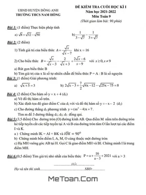 Đề thi Toán 9 học kì 1 năm 2021 - 2022 trường THCS Nam Hồng - Hà Nội - Môn Toán