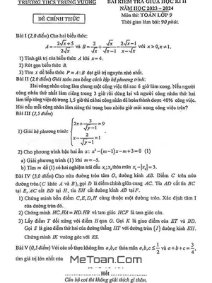 Đề thi giữa kì 2 Toán 9 năm 2023 - 2024 trường THCS Trưng Vương - Hà Nội