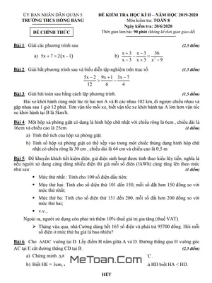 Đề thi HK2 Toán 8 năm 2019 - 2020 trường THCS Hồng Bàng - TP HCM
