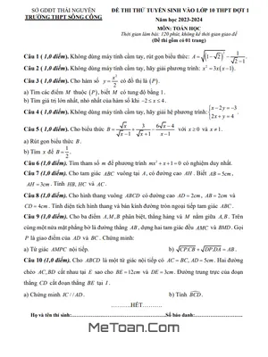 Đề thi thử Toán vào lớp 10 đợt 1 năm 2023 - 2024 trường THPT Sông Công - Thái Nguyên