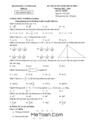 Đề thi Tuyển sinh Lớp 10 Môn Toán Sở GD&ĐT Sơn La Năm 2021 - 2022