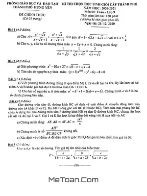 Đề thi học sinh giỏi Toán 9 năm 2020 - 2021 phòng GD&ĐT thành phố Hưng Yên