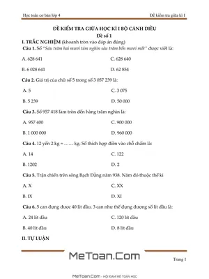 Bộ 5 Đề Ôn Luyện Thi Giữa Kỳ 1 Môn Toán Lớp 4 (Cánh Diều)