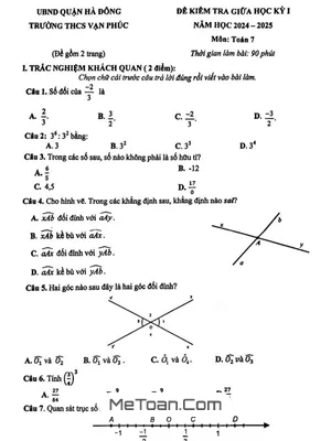 Đề thi giữa kì 1 Toán 7 năm 2024 - 2025 trường THCS Vạn Phúc - Hà Nội
