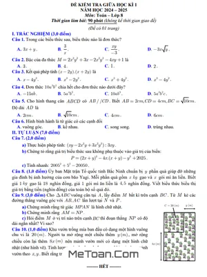 Đề kiểm tra giữa kì 1 Toán 8 năm 2024 - 2025 sở GD&ĐT Bắc Ninh