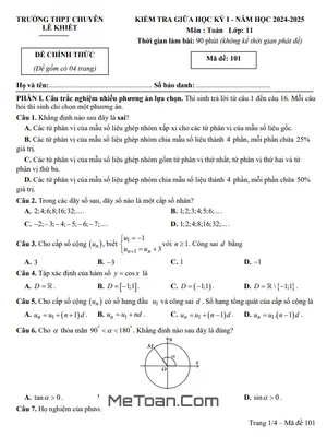 Đề Thi Giữa Kỳ 1 Toán 11 Năm 2024 - 2025 Trường Chuyên Lê Khiết - Quảng Ngãi