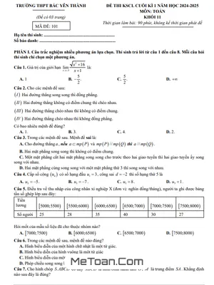 Đề thi HK1 Toán 11 năm 2024 - 2025 trường THPT Bắc Yên Thành - Nghệ An