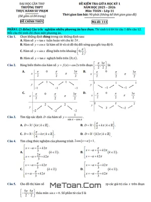 Đề thi giữa kỳ 1 Toán 11 năm 2025 - 2026 THPT Thực hành Sư phạm – Cần Thơ