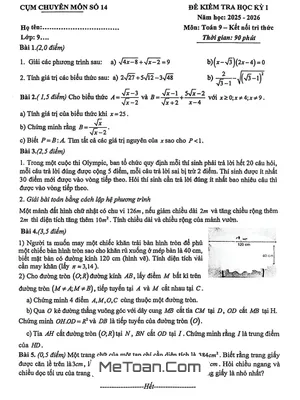 Đề thi học kỳ 1 Toán 9 năm 2025 – 2026 cụm chuyên môn số 14 – Hà Nội