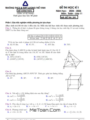 Đề thi học kỳ 1 Toán 11 năm học 2025 – 2026 trường Lương Thế Vinh - Hà Nội