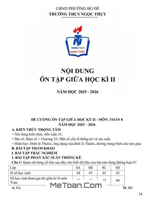 Ôn tập giữa học kì 2 Toán 8 năm 2025 – 2026 trường THCS Ngọc Thụy – Hà Nội