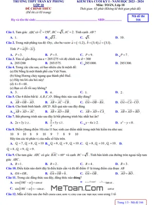 Đề thi học kỳ 1 Toán 10 năm 2023 - 2024 trường THPT Trần Kỳ Phong - Quảng Ngãi