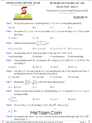 Đề thi HK1 Toán 10 năm 2019 – 2020 trường Lương Thế Vinh – Hà Nội