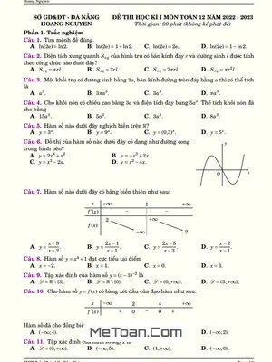 Đề thi học kì 1 Toán 12 năm 2022 - 2023 sở GD&ĐT Đà Nẵng (có đáp án)