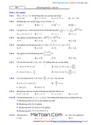 Bộ 7 Đề Ôn Thi Giữa Kỳ 2 Môn Toán Lớp 10 Có Đáp Án Và Lời Giải - Nguyễn Bảo Vương