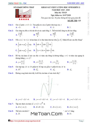 Đề khảo sát chất lượng Toán 12 năm học 2019 - 2020 Sở GD&ĐT Đồng Tháp