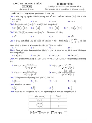 Đề thi học kỳ 2 Toán 10 năm 2018 - 2019 trường Phan Đình Phùng - Hà Nội