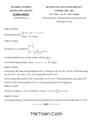 Đề thi HK1 Toán 11 Chuyên Lê Hồng Phong - Nam Định năm 2020 - 2021