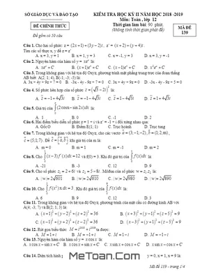 Đề thi học kỳ 2 Toán 12 năm học 2018 - 2019 sở GD&ĐT Bình Dương