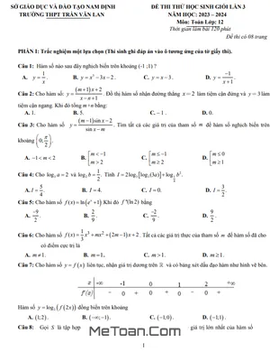 Đề thi thử HSG Toán 12 lần 3 năm 2023 - 2024 trường THPT Trần Văn Lan - Nam Định