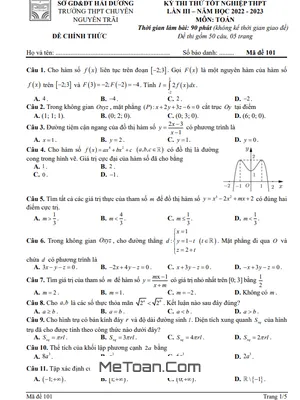 Đề thi thử Toán TN THPT 2023 Lần 3 Trường Chuyên Nguyễn Trãi - Hải Dương