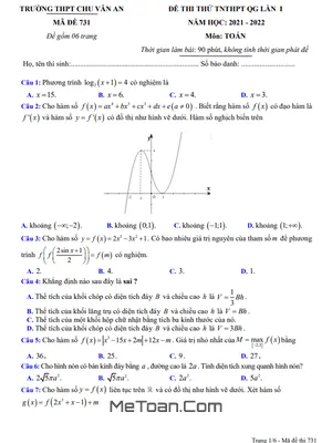 Đề thi thử Toán TN THPT 2022 lần 1 trường THPT Chu Văn An - Thái Nguyên