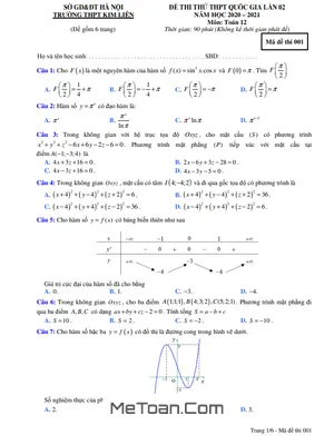 Đề thi thử THPT Quốc gia 2021 môn Toán lần 2 trường THPT Kim Liên – Hà Nội