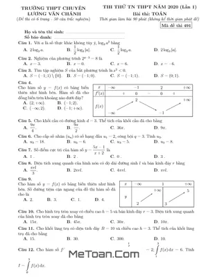 Đề thi thử THPT Quốc gia 2020 môn Toán lần 1 trường Lương Văn Chánh - Phú Yên