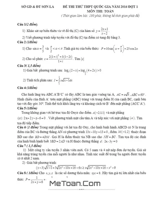 Đề thi thử THPT Quốc gia 2016 môn Toán - Sở GD&ĐT Sơn La - Lần 1 (có đáp án)