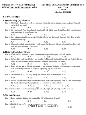 Ôn Tập Cuối Kì 2 Toán 10 Năm 2022 - 2023 Trường THPT Trần Phú - Hà Nội