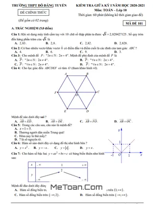 Đề thi giữa HK1 Toán 10 năm 2020 - 2021 trường THPT Đỗ Đăng Tuyển - Quảng Nam