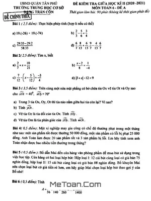 Đề thi giữa kì 2 Toán lớp 6 năm 2020 - 2021 trường Đặng Trần Côn, TP.HCM