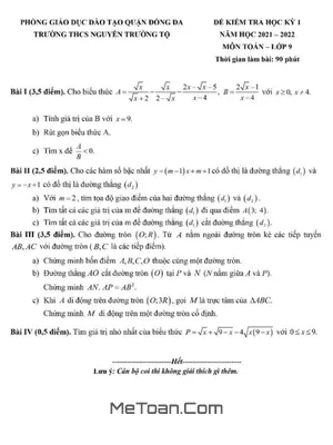 Đề thi HK1 Toán 9 năm 2021 - 2022 trường THCS Nguyễn Trường Tộ - Hà Nội